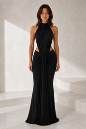 Ruched Draped High-Neck Maxi Dress