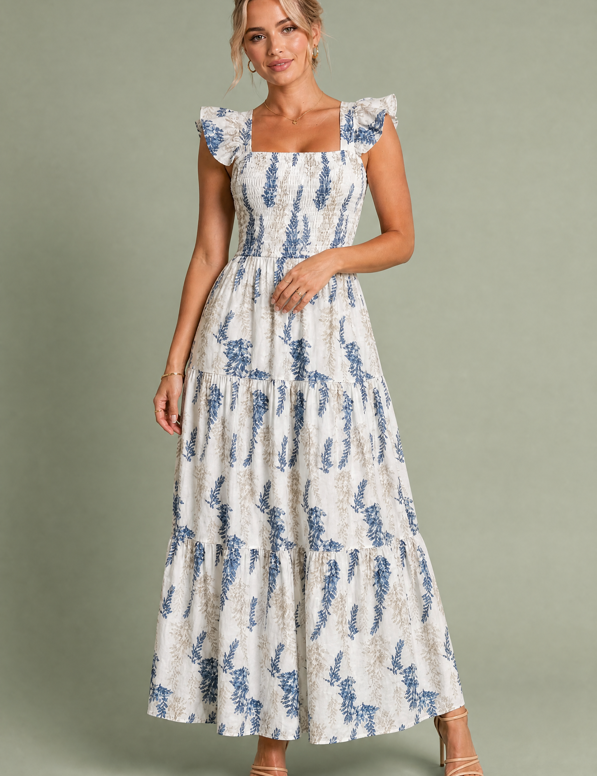 Robe longue écru imprimé floral encolure carrée | Vue de face | Lounelle Paris