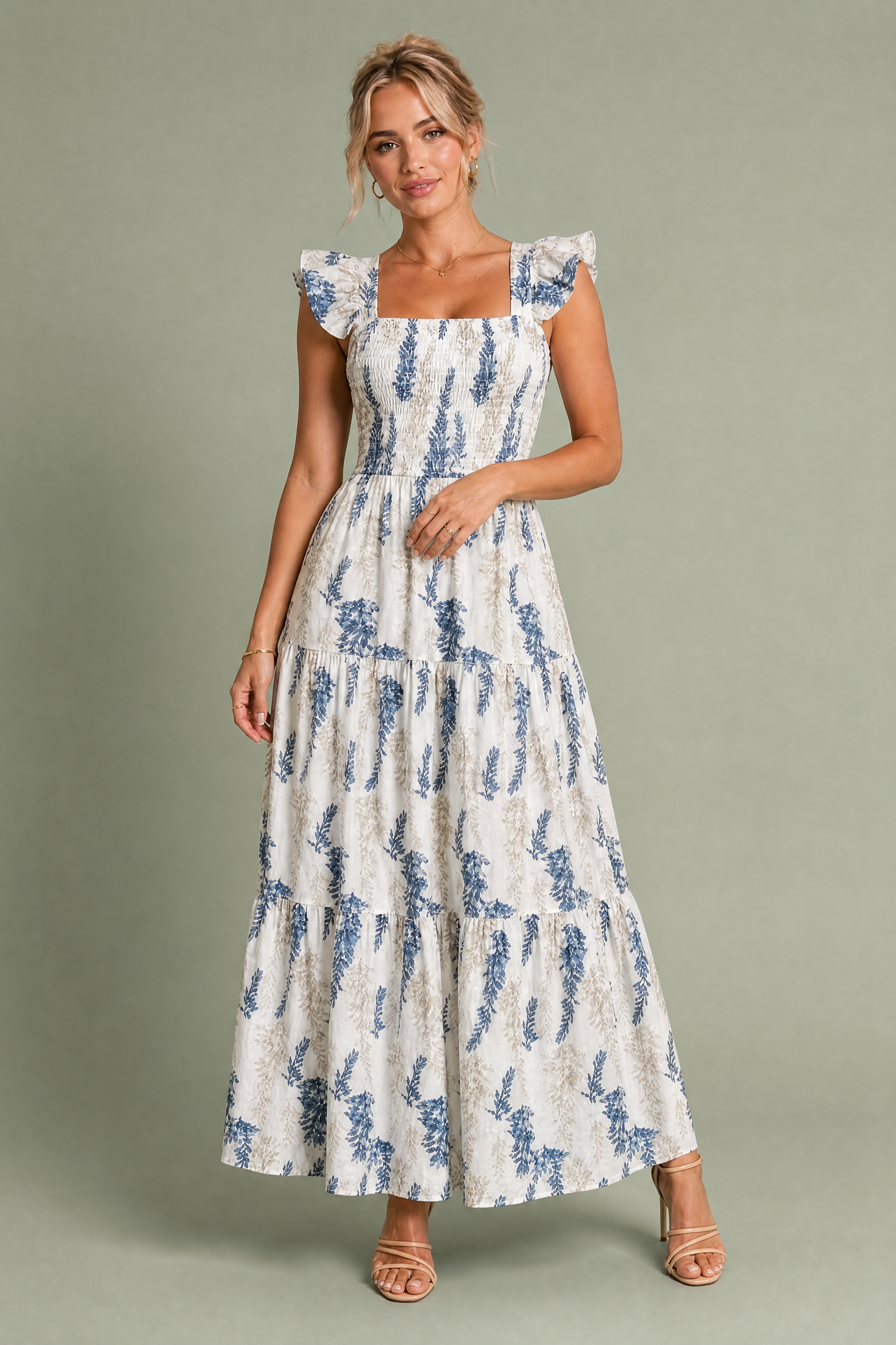 Robe longue écru imprimé floral encolure carrée | Vue de face | Lounelle Paris