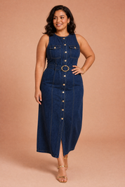 Robe longue bleu foncé sans manches | Porté sur une silhouette plus ronde | Lounelle Paris