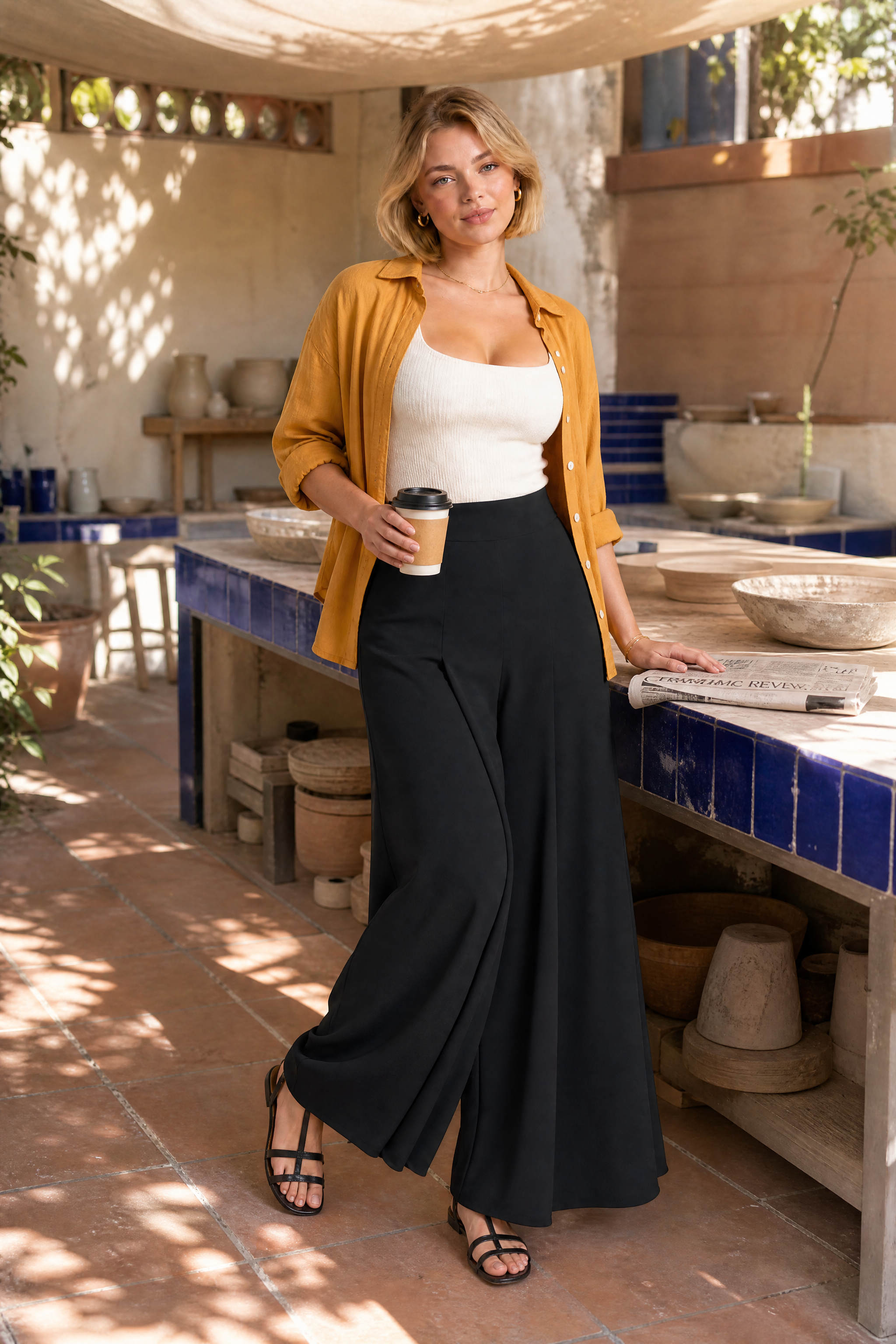 Pantalon large taille haute fluide | Photo lifestyle | Lounelle Paris