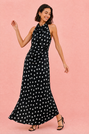 Robe noire à pois col halter | Vue en mouvement | Lounelle Paris