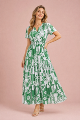 Green Floral Print V-Neck Maxi Dress