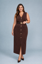 Robe longue col V ceinturée | Porté sur une silhouette plus ronde | Lounelle Paris