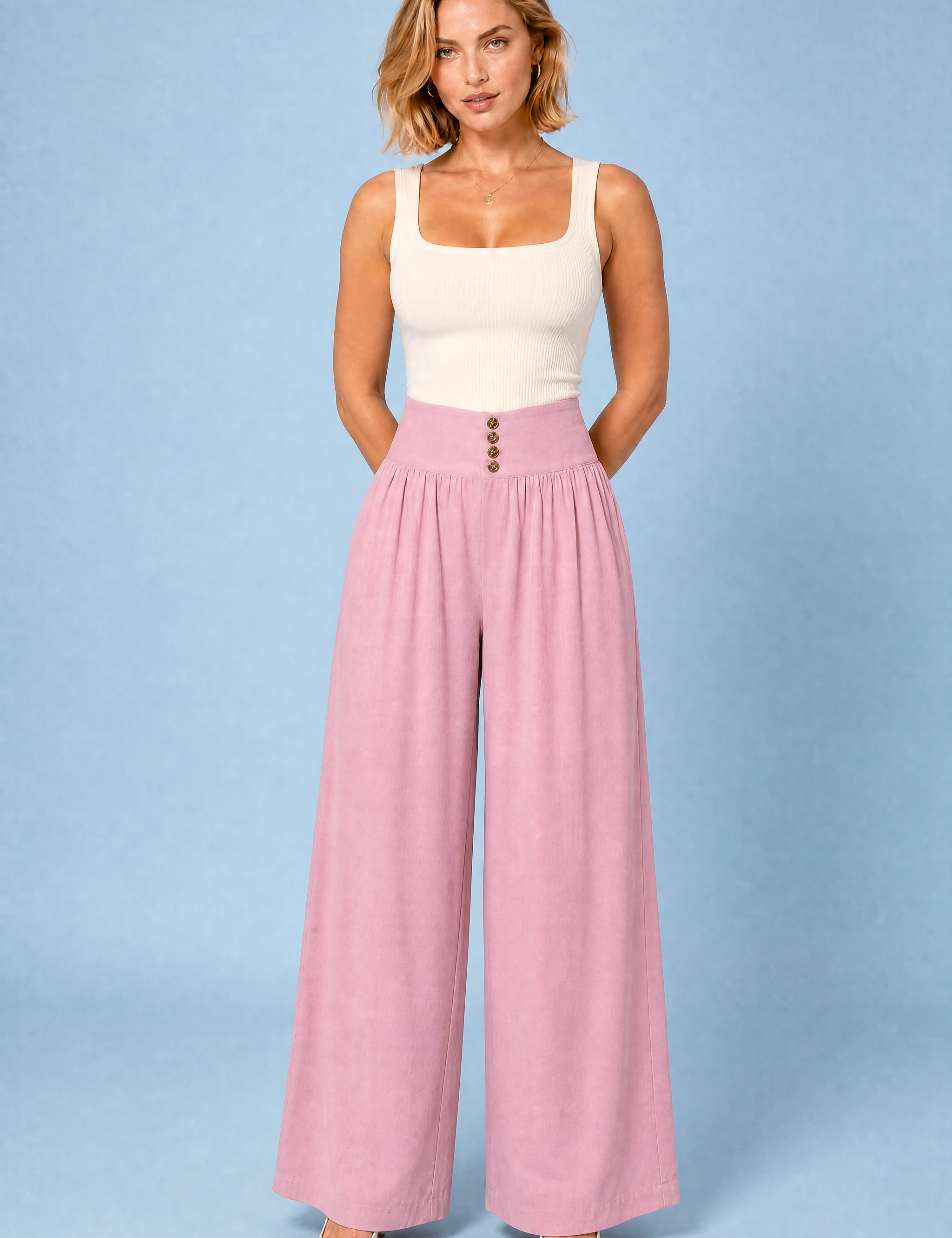Pantalon large plissé taille haute | Variante Rose | Lounelle Paris