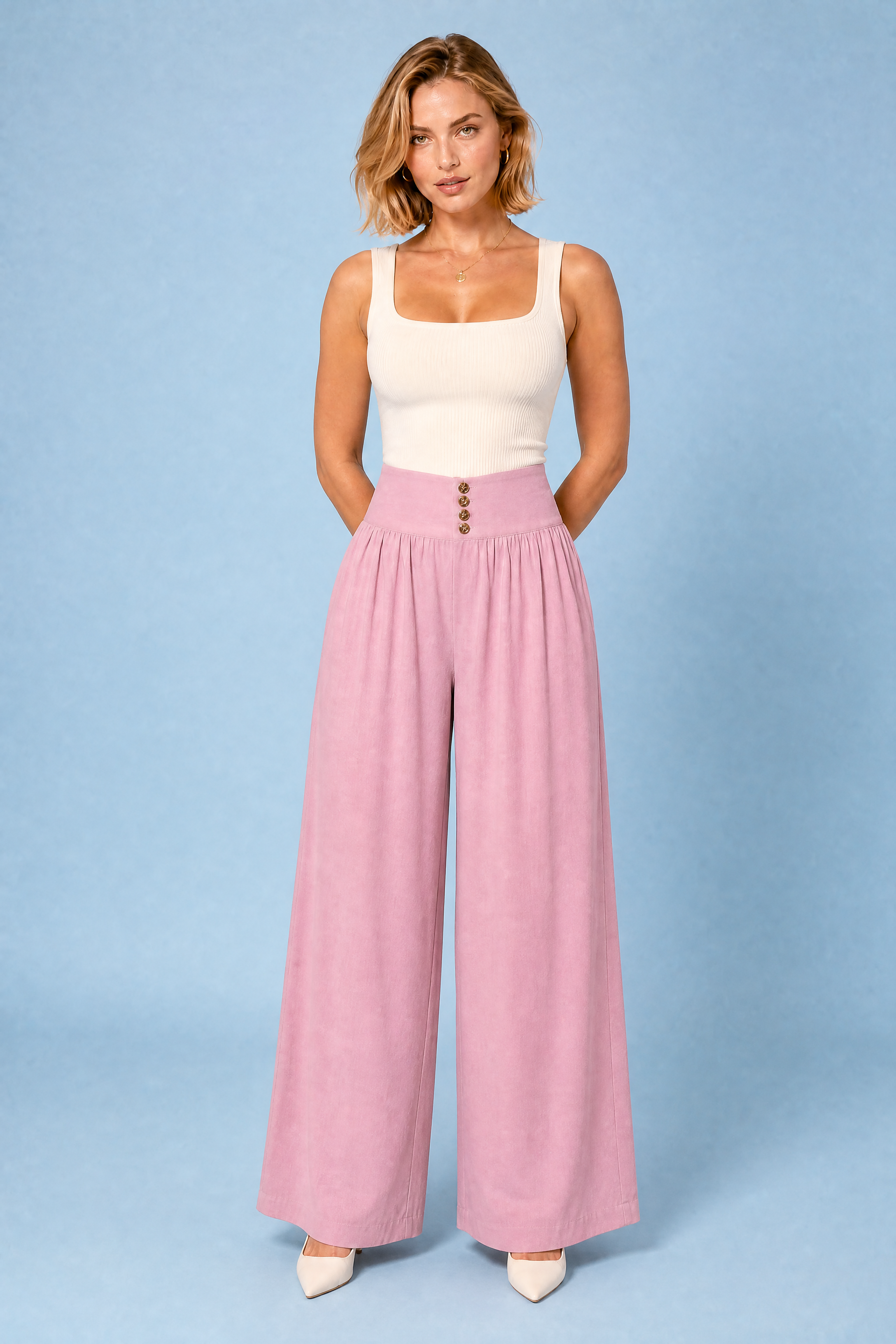 Pantalon large plissé taille haute | Variante Rose | Lounelle Paris