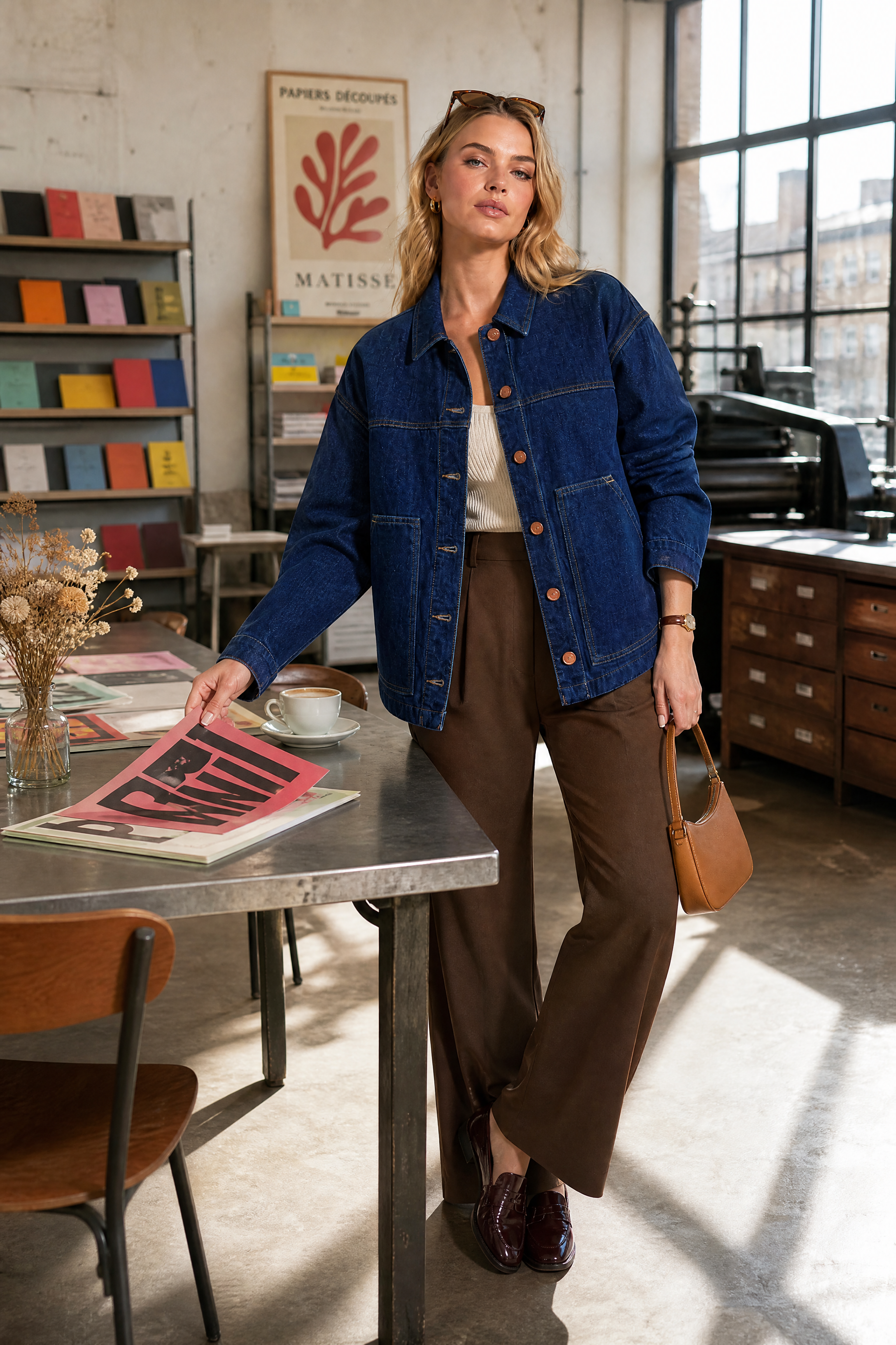 Veste en jean bleu foncé ample | Photo lifestyle | Lounelle Paris