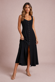 Robe midi à encolure carrée | Variante Noir | Lounelle Paris
