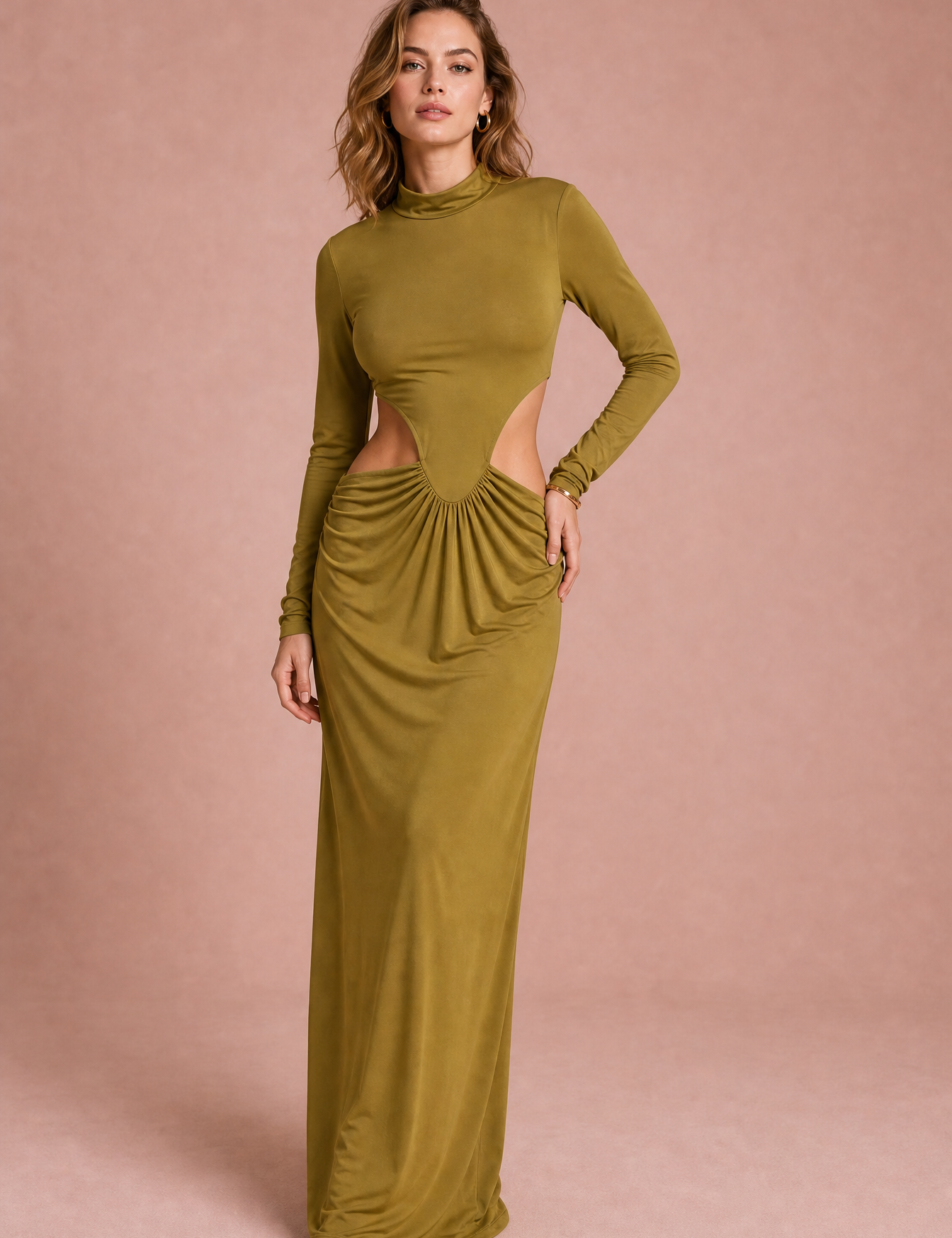 Robe longue olive col montant | Vue de face | Lounelle Paris
