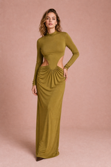 Olive High-Neck Cutout Ruched Maxi Dress
