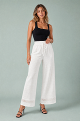 White High-Waisted Lace-Trim Pants