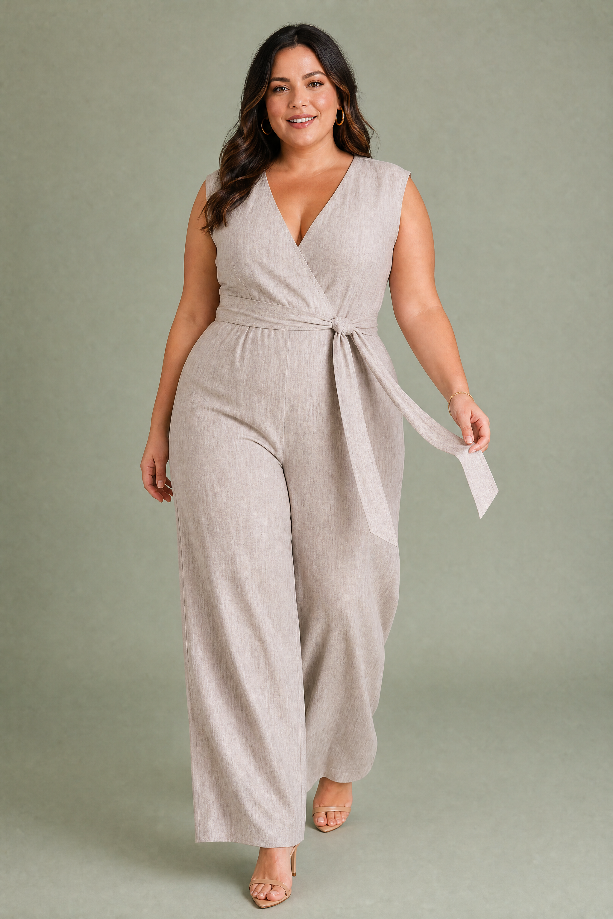 Combinaison pantalon fluide col V | Porté sur une silhouette plus ronde | Lounelle Paris