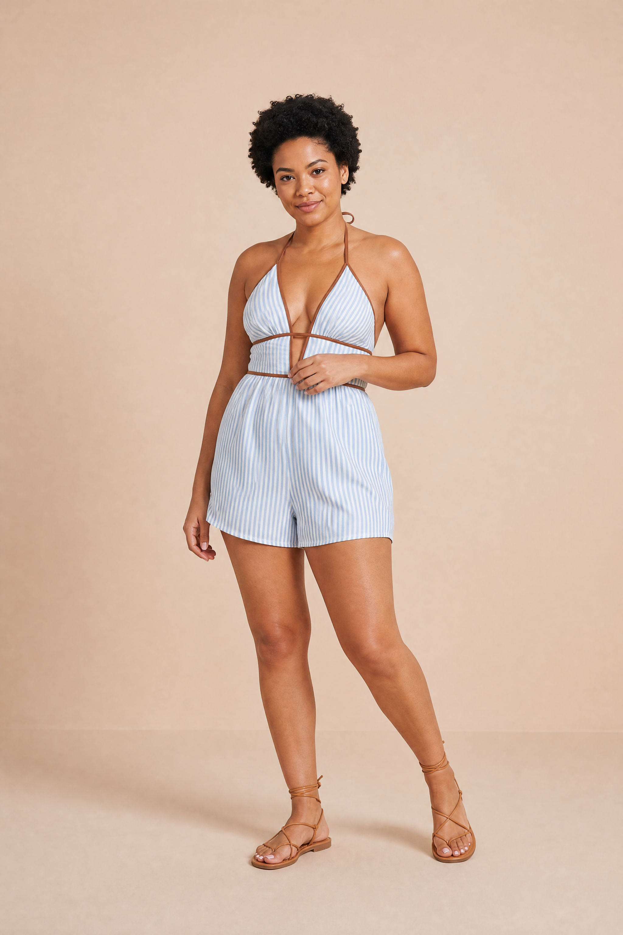 Combishort bleu rayé dos nu | Porté sur une autre silhouette | Lounelle Paris