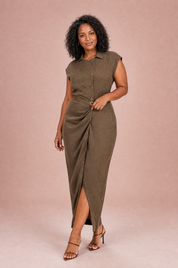 Robe longue marron col chemise | Porté sur une autre silhouette | Lounelle Paris