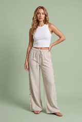 Beige Shell-Trim High-Waisted Wide-Leg Pants