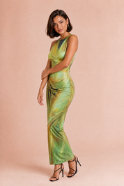 Robe verte imprimée sans manches | Vue de profil | Lounelle Paris