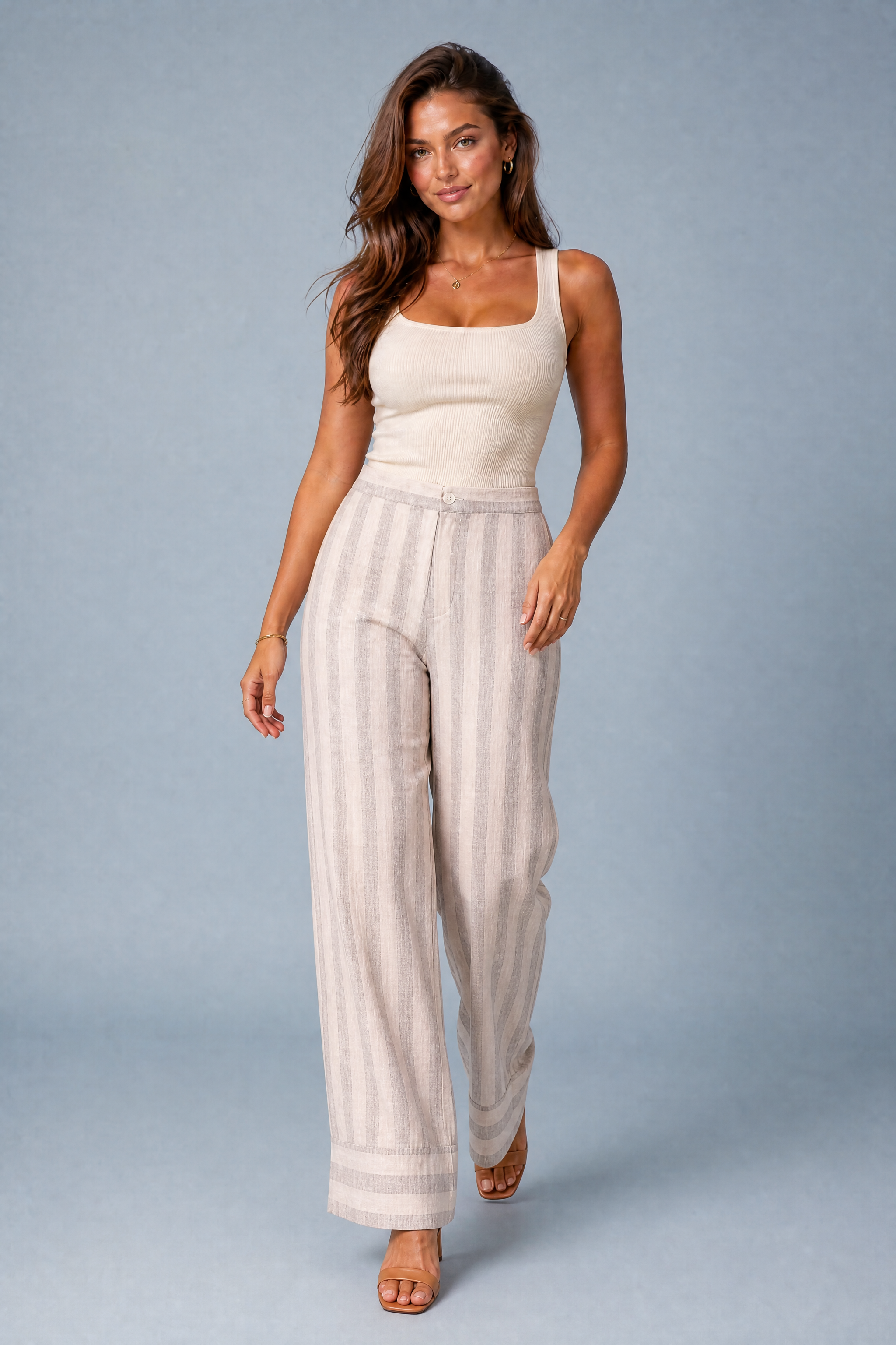 Pantalon large rayé taille haute | Vue en mouvement | Lounelle Paris