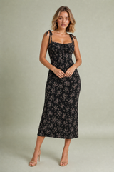 Floral Square-Neck Fitted Open-Back Midi Dress