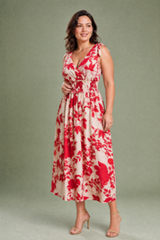 Robe midi rouge fleurie dos nu | Porté sur une autre silhouette | Lounelle Paris