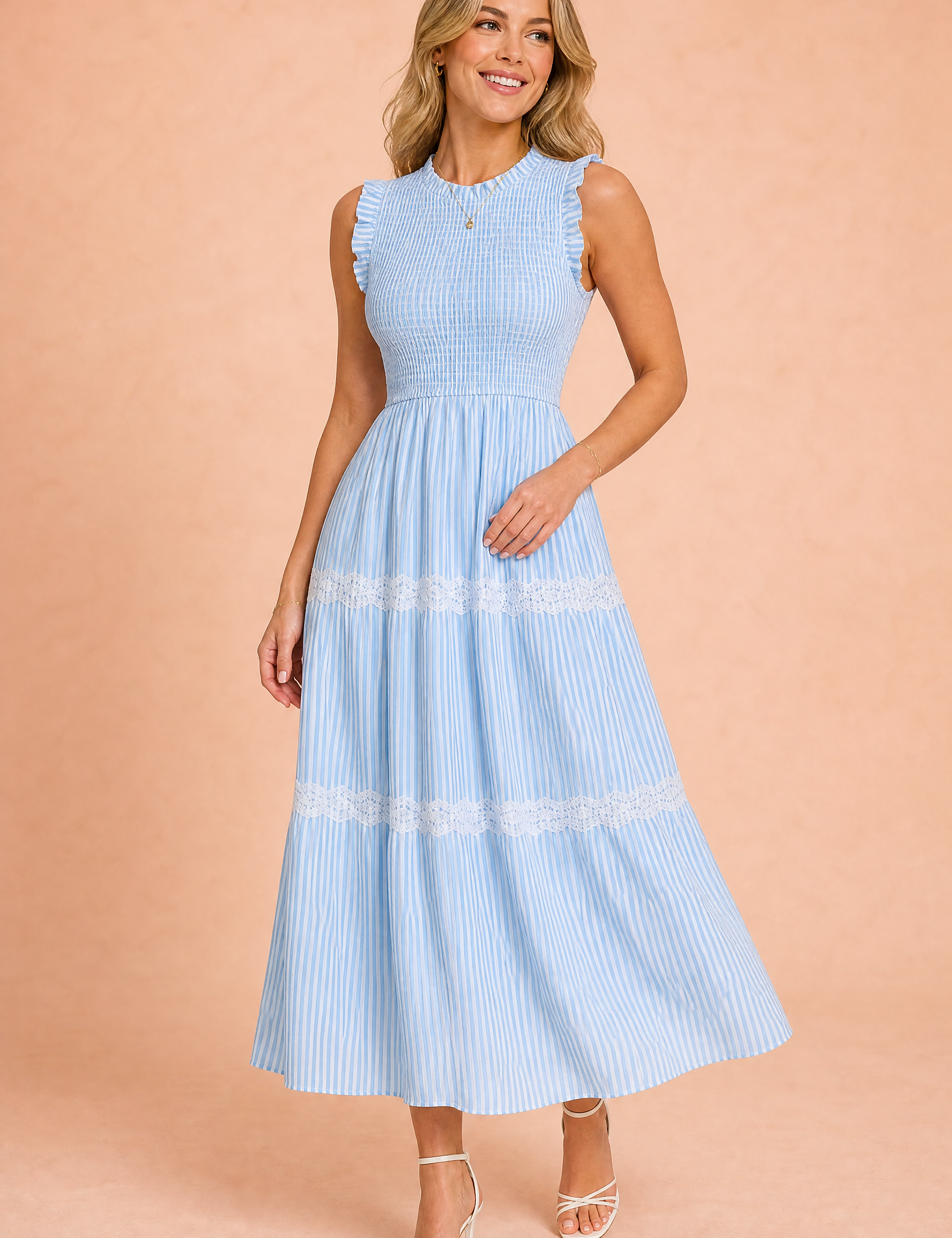 Robe longue rayée smockée | Vue de face | Lounelle Paris