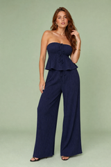 Wide-leg trousers and ruffled bandeau top set