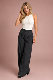 Pantalon large rayé taille haute | Vue de face | Lounelle Paris