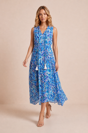 Robe imprimée col V franges | Vue en mouvement | Lounelle Paris