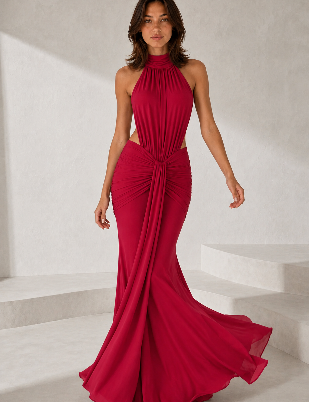 Ruched Draped High-Neck Maxi Dress