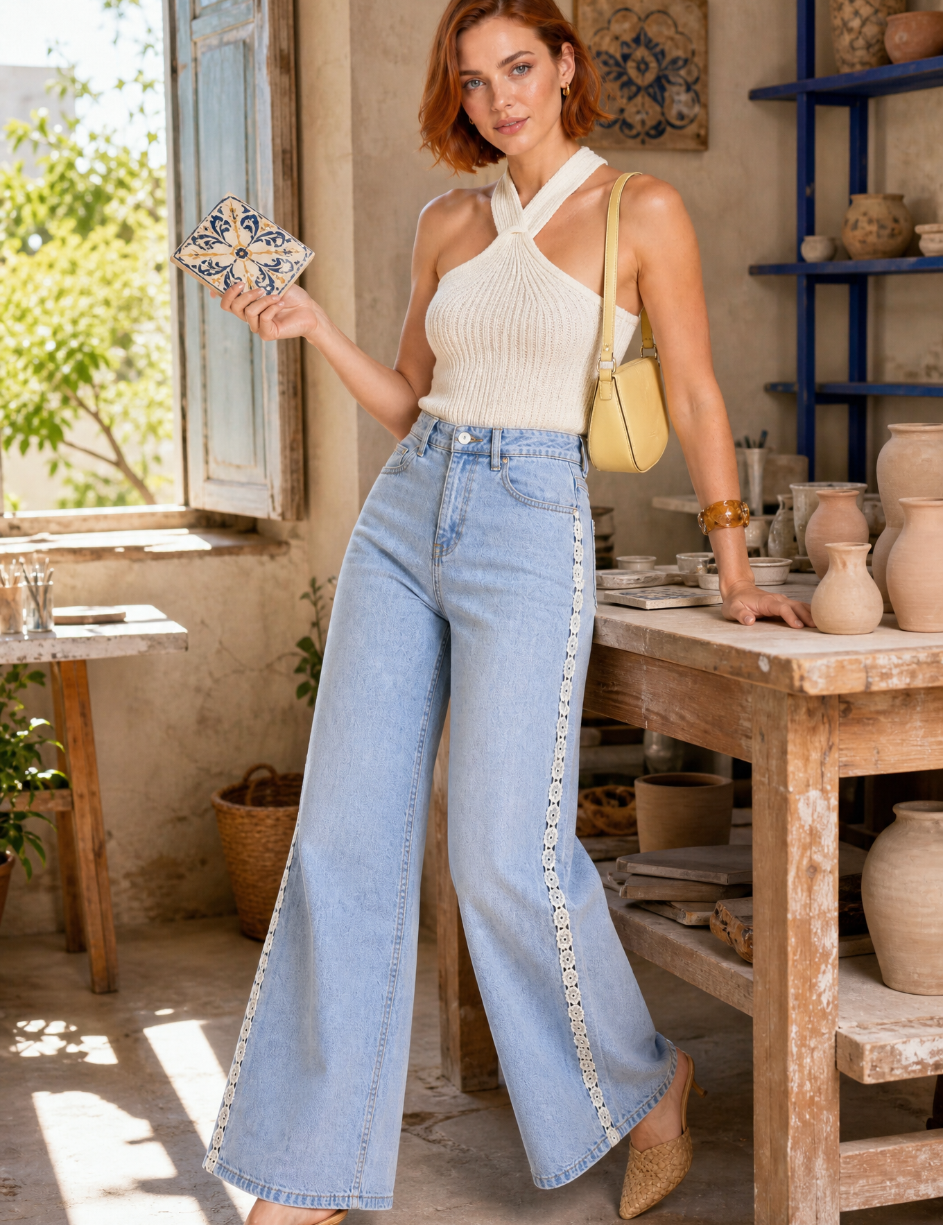 Jean bleu jambe large crochet | Photo lifestyle | Lounelle Paris