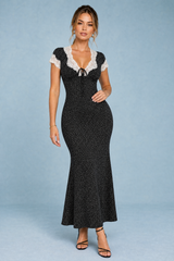Black Polka Dot Lace-Trim Midi Dress