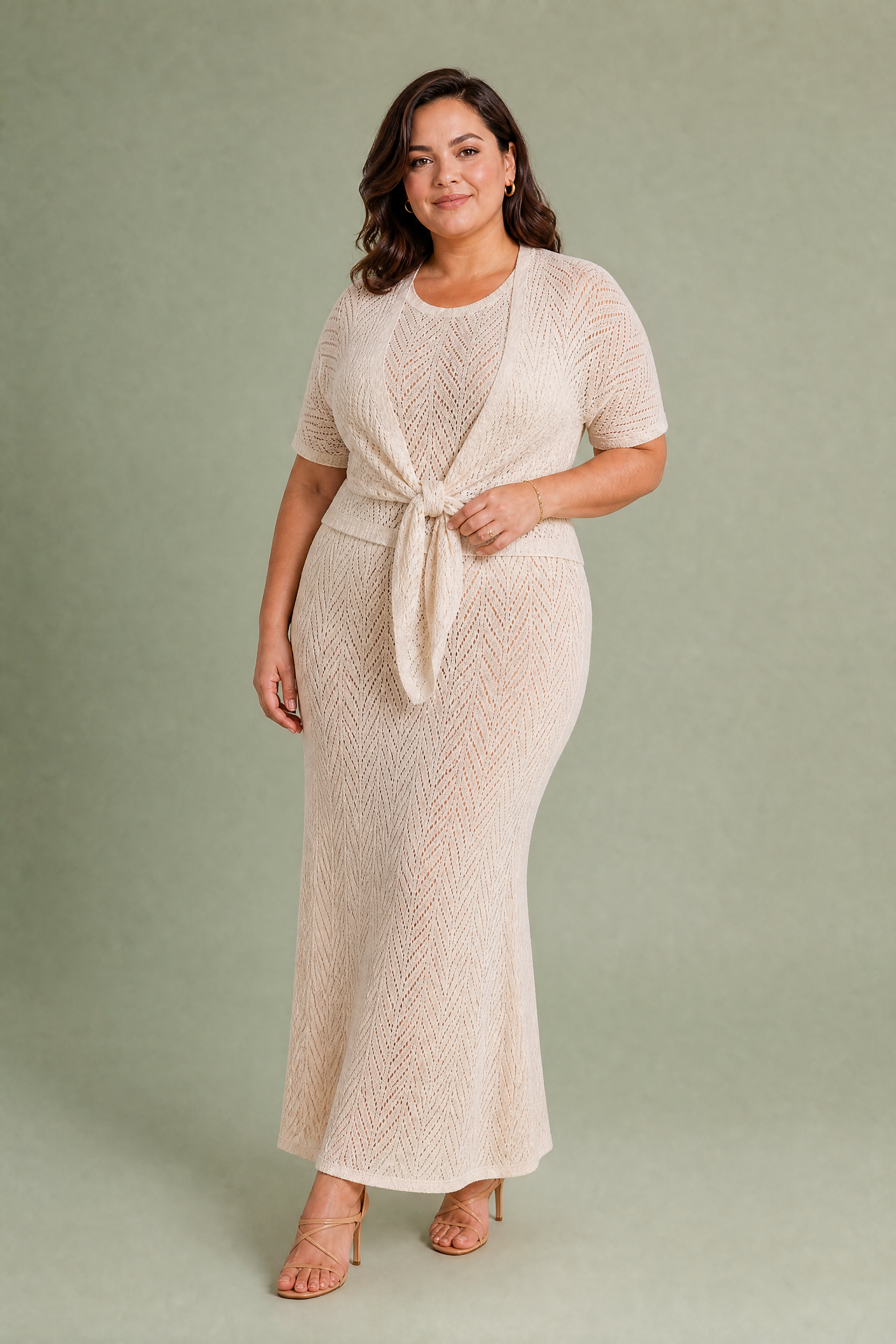 Ensemble 3 pièces beige maille ajourée | Porté sur une silhouette plus ronde | Lounelle Paris