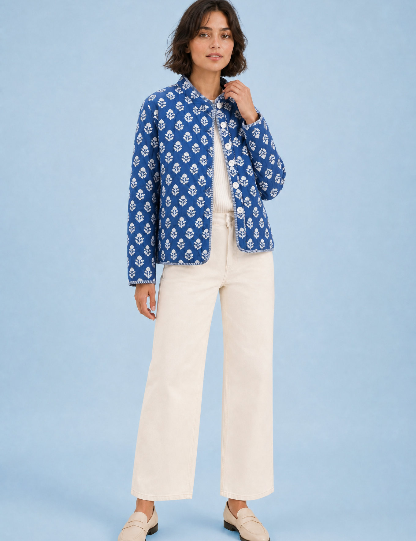 Veste matelassée imprimée col montant | Variante Bleu marine | Lounelle Paris