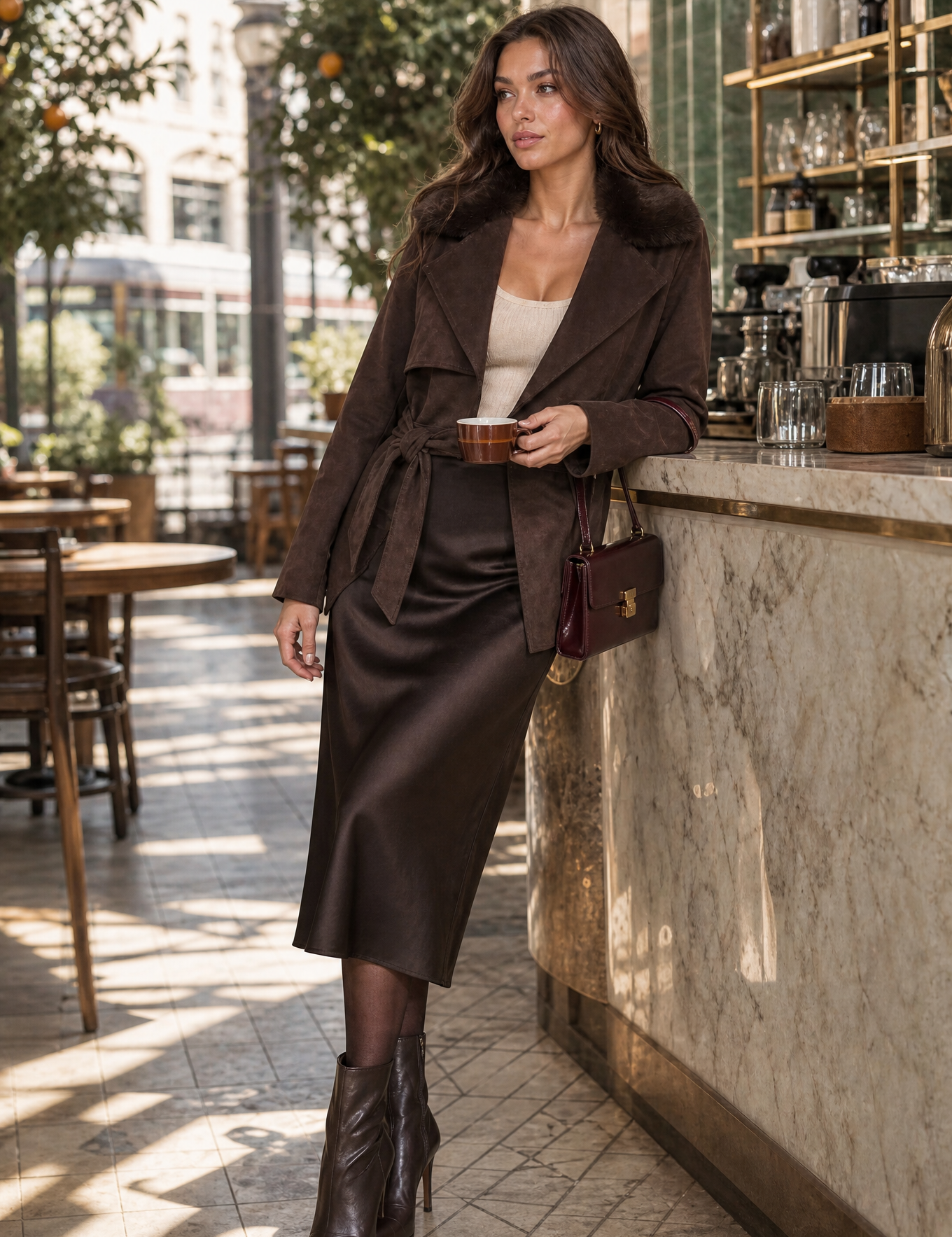 Veste suédine café col fourrure | Photo lifestyle | Lounelle Paris