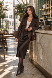 Veste suédine café col fourrure | Photo lifestyle | Lounelle Paris