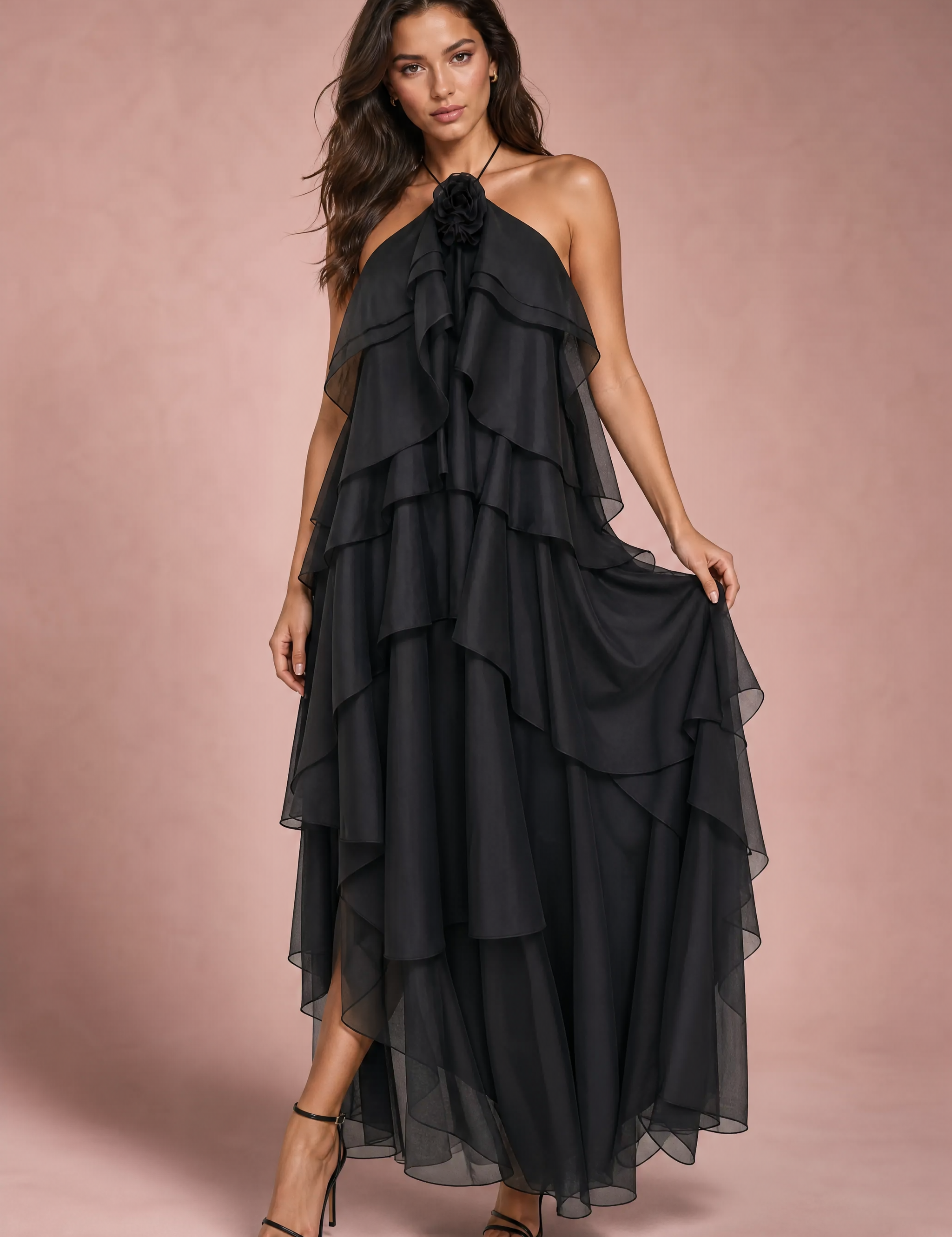 Robe longue dos nu à volants | Vue de face | Lounelle Paris