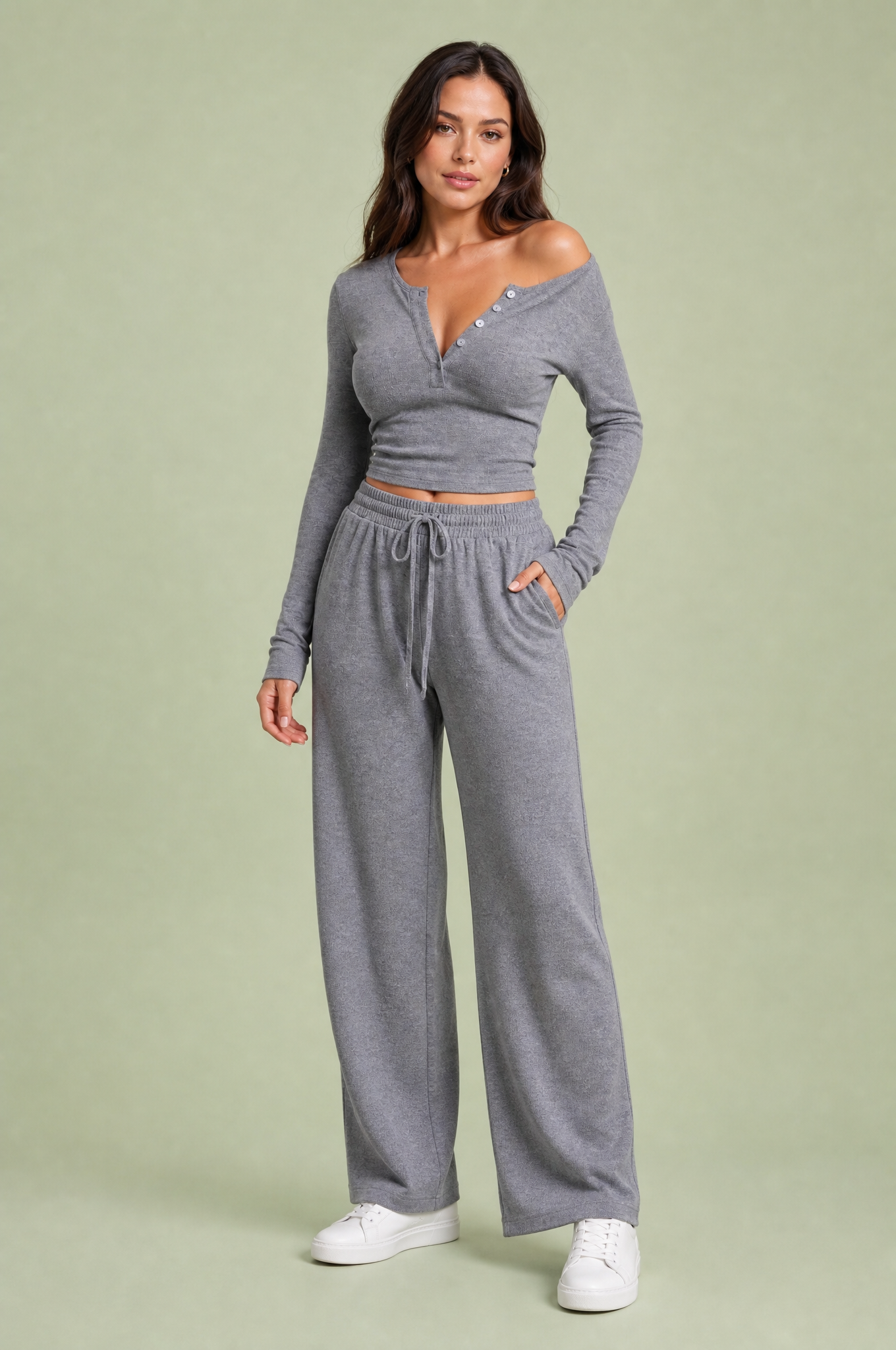 Ensemble col V et pantalon large | Vue de face | Lounelle Paris