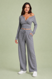 Ensemble col V et pantalon large | Vue de face | Lounelle Paris