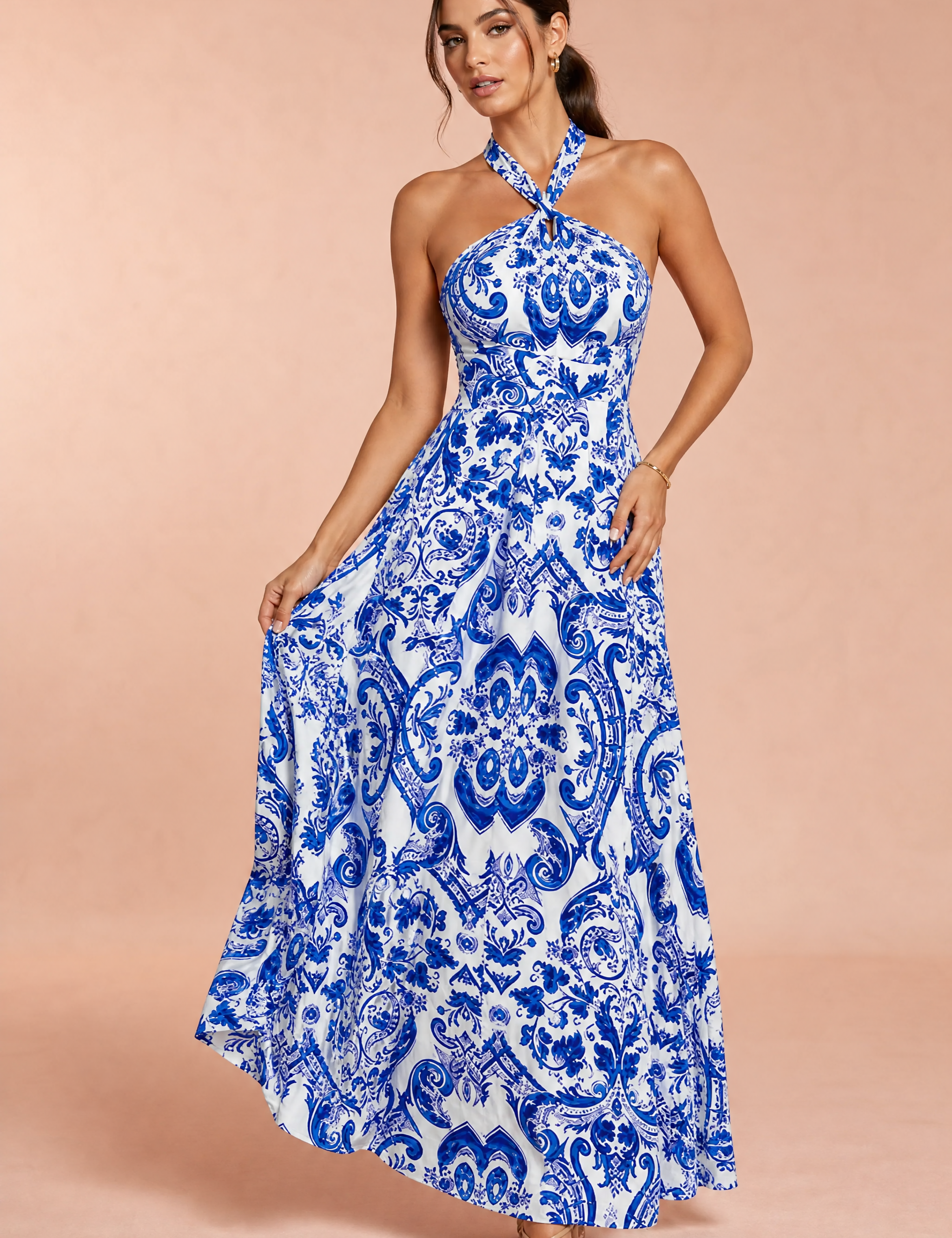 Robe longue bleue col halter dos nu | Vue de face | Lounelle Paris