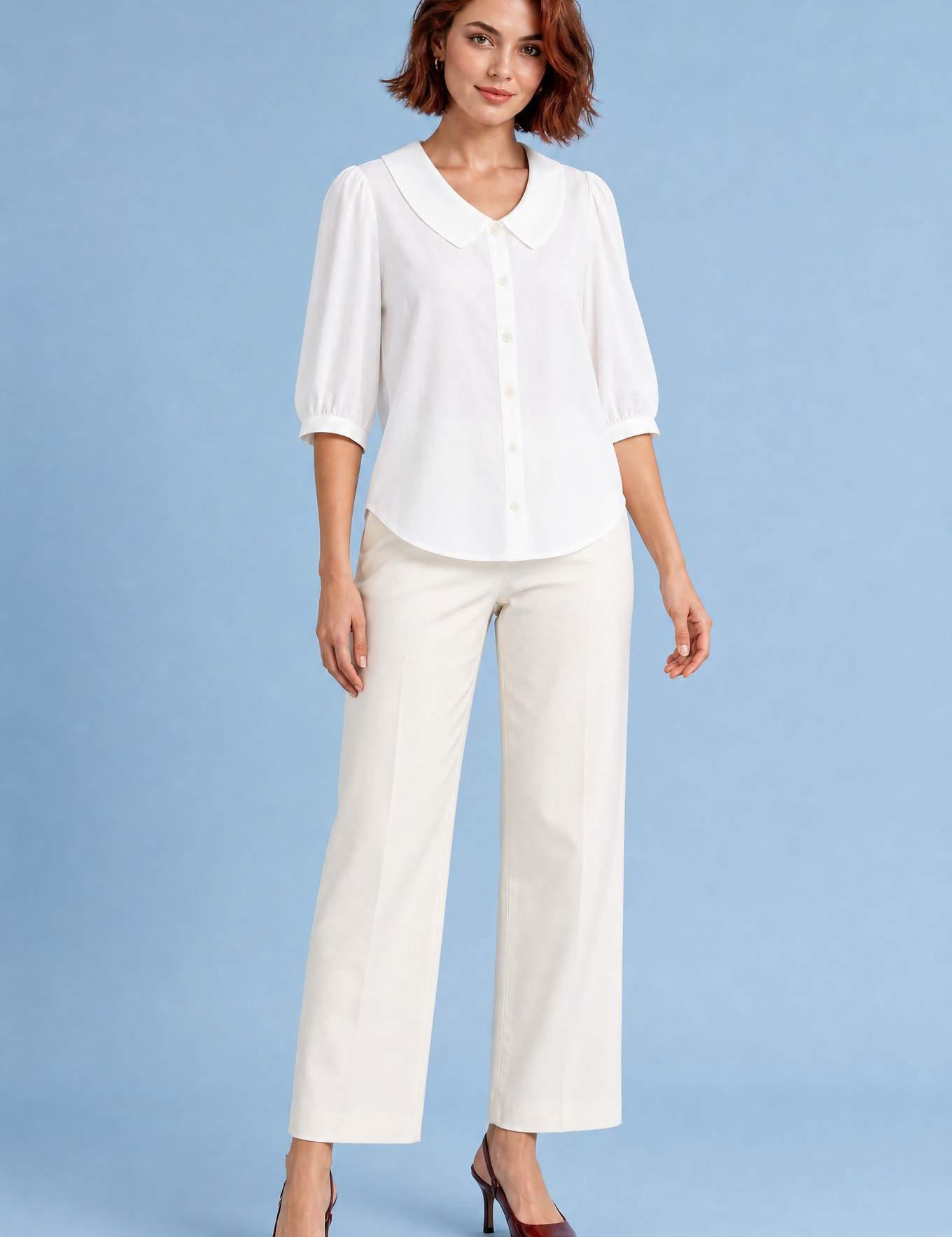Chemisier col rond manches bouffantes | Variante Blanc | Lounelle Paris