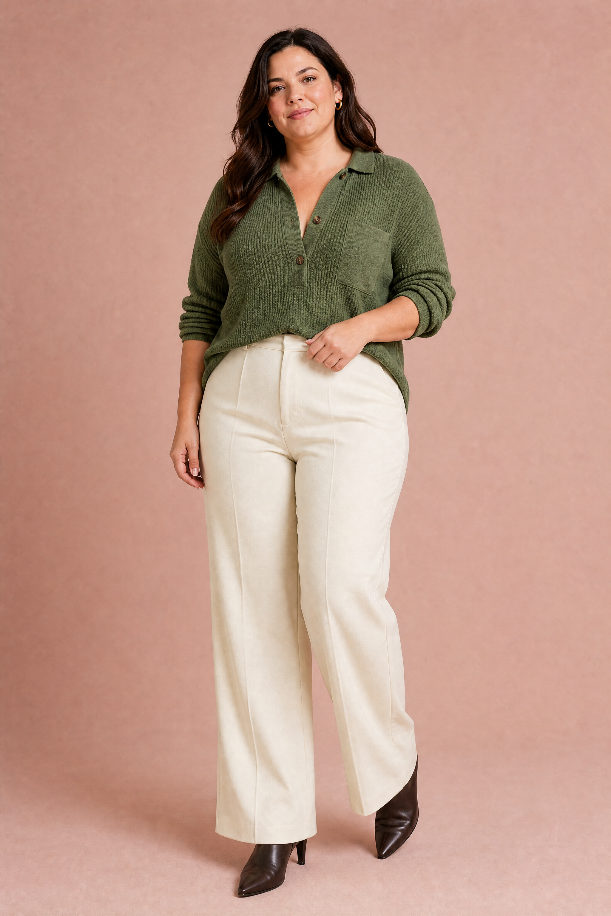 Top maille gaufrée col chemise | Porté sur une silhouette plus ronde | Lounelle Paris