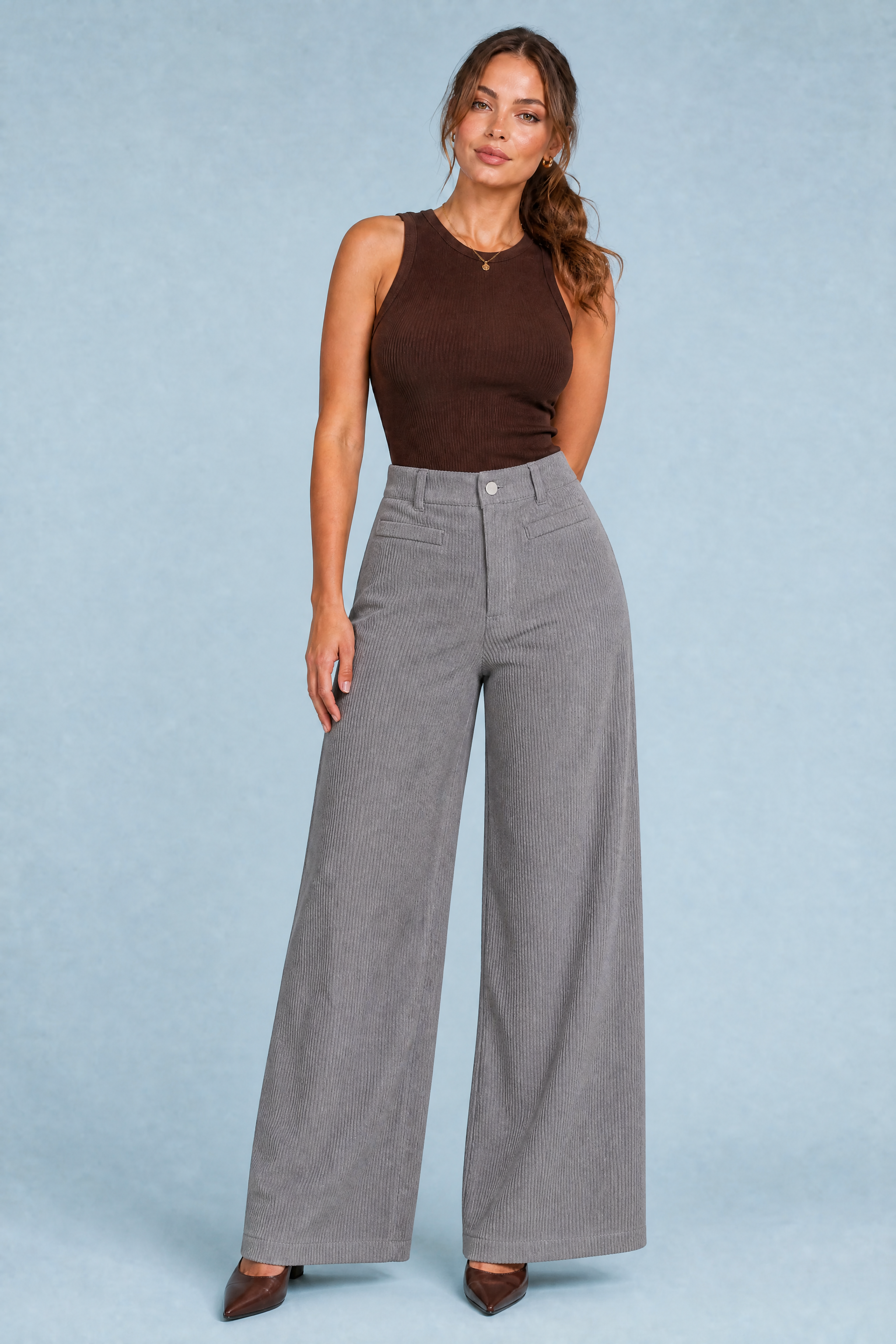 Pantalon large velours côtelé taille haute | Variante Gris | Lounelle Paris