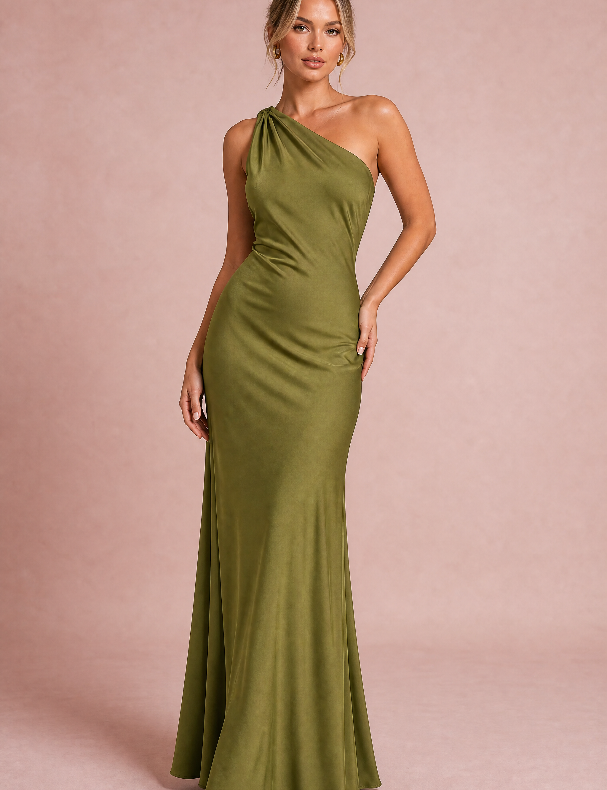 Robe vert olive asymétrique dos nu | Vue de face | Lounelle Paris