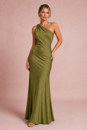 Robe vert olive asymétrique dos nu | Vue de face | Lounelle Paris