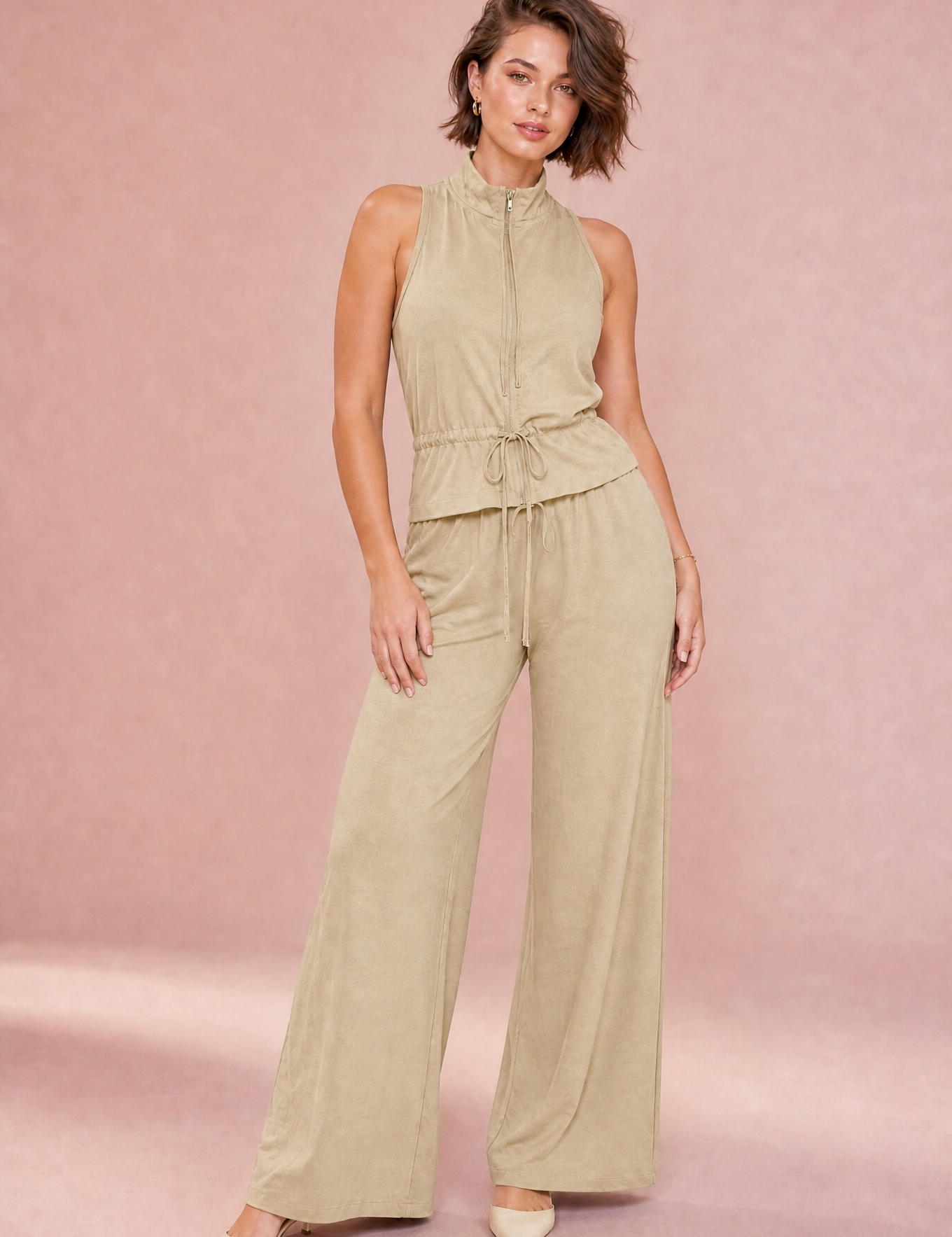 Ensemble sans manches col montant | Variante Beige | Lounelle Paris