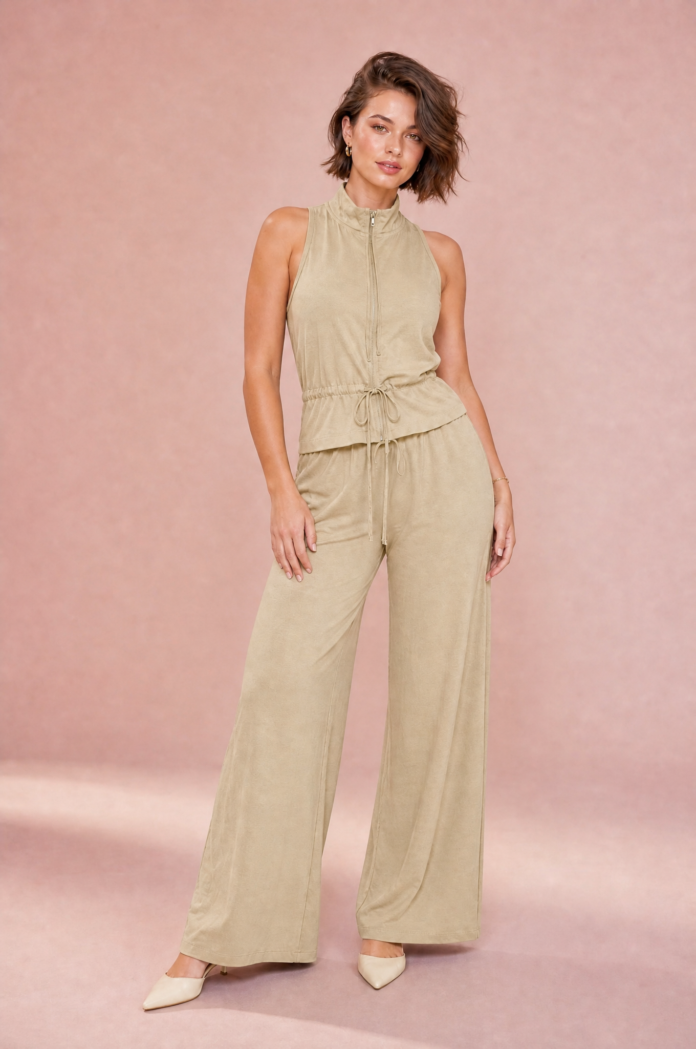 Ensemble sans manches col montant | Variante Beige | Lounelle Paris