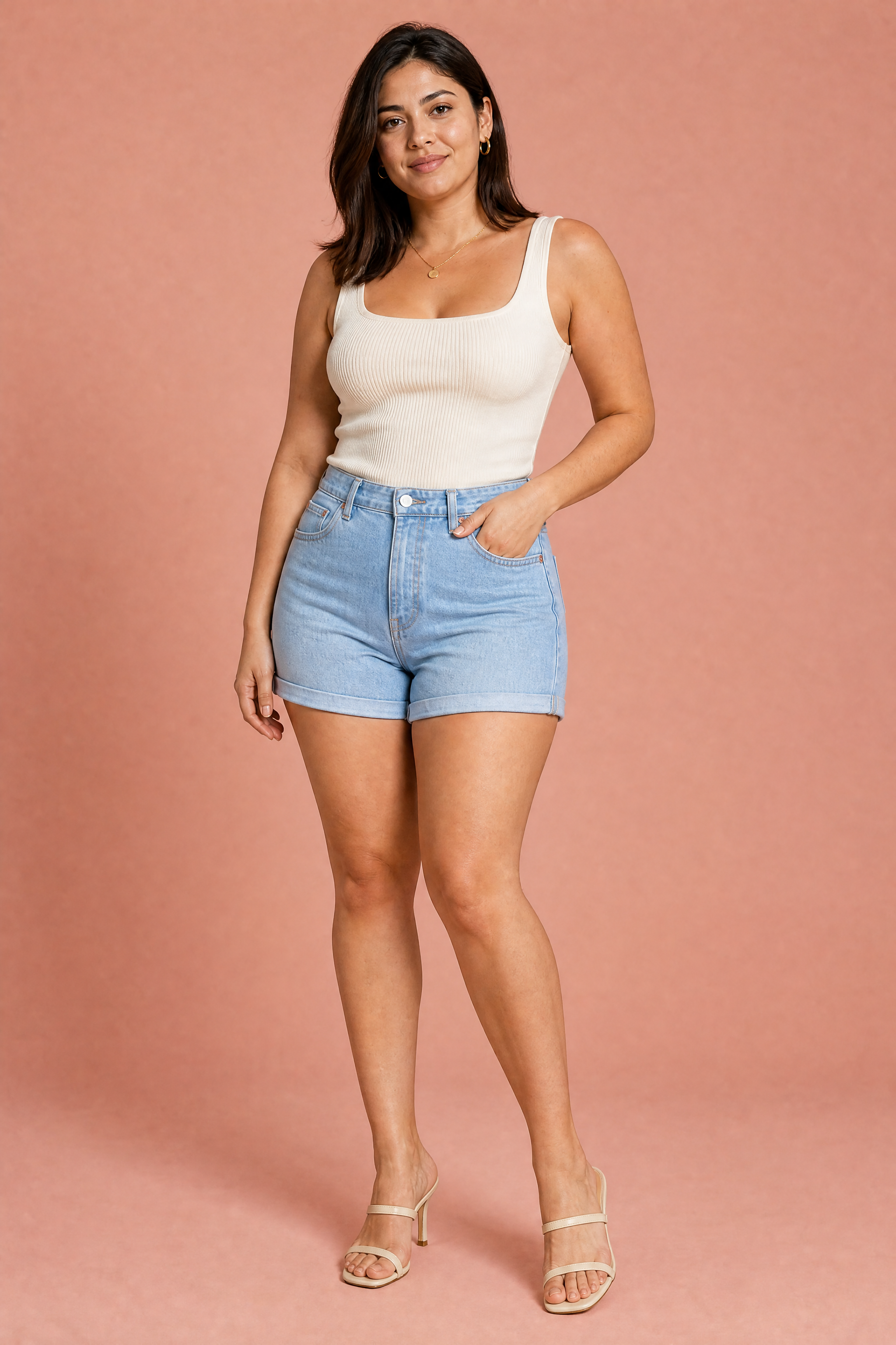 Short en jean bleu taille haute | Porté sur une autre silhouette | Lounelle Paris