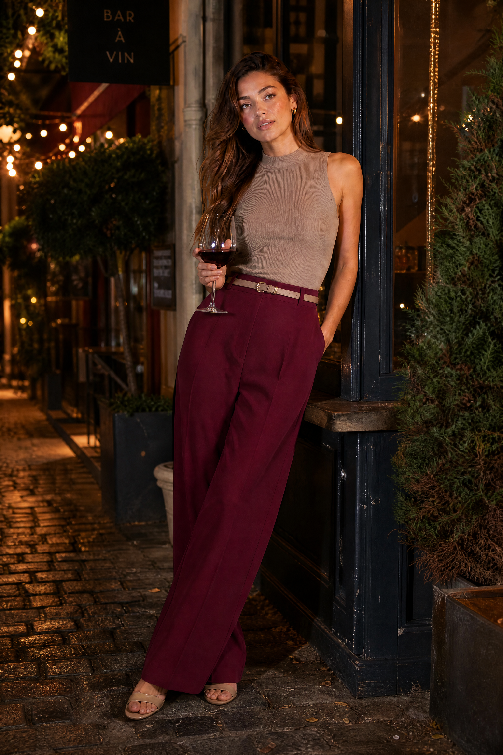 Pantalon fluide taille haute jambe large | Variante Bordeaux - Lifestyle | Lounelle Paris
