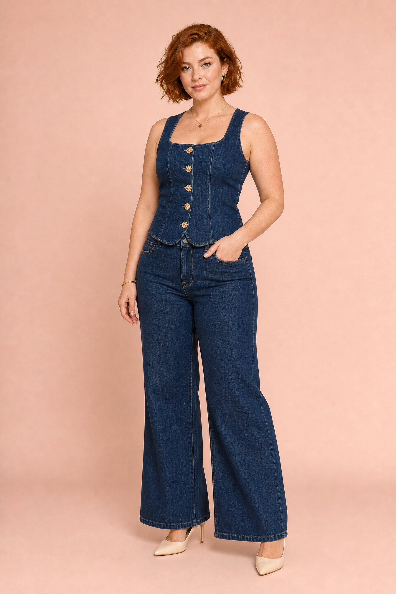 Ensemble denim sans manches taille haute | Porté sur une autre silhouette | Lounelle Paris