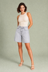 Mid-Rise Wide-Leg Denim Bermuda Shorts