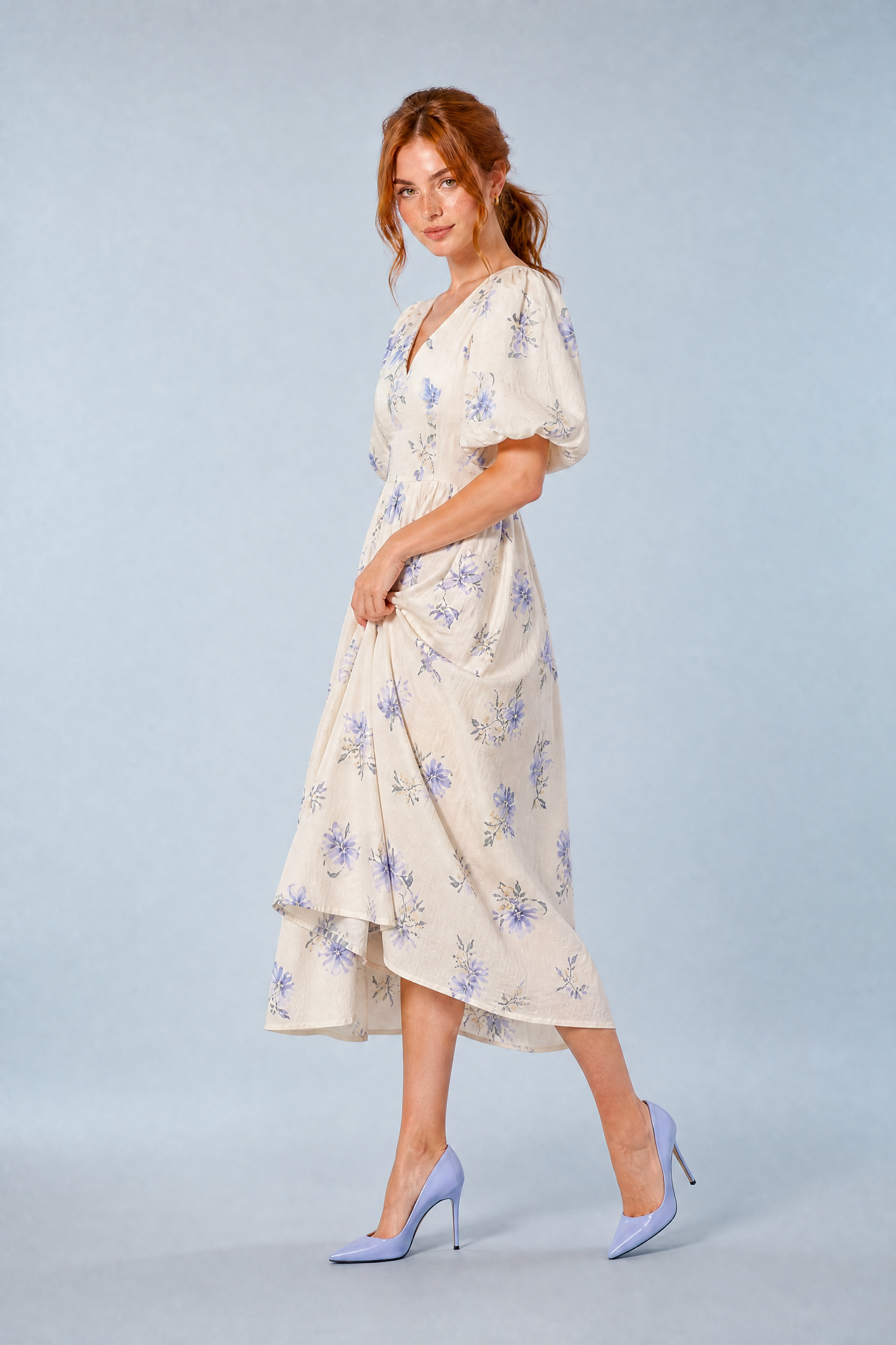 Robe longue écru imprimée col V | Vue de profil | Lounelle Paris